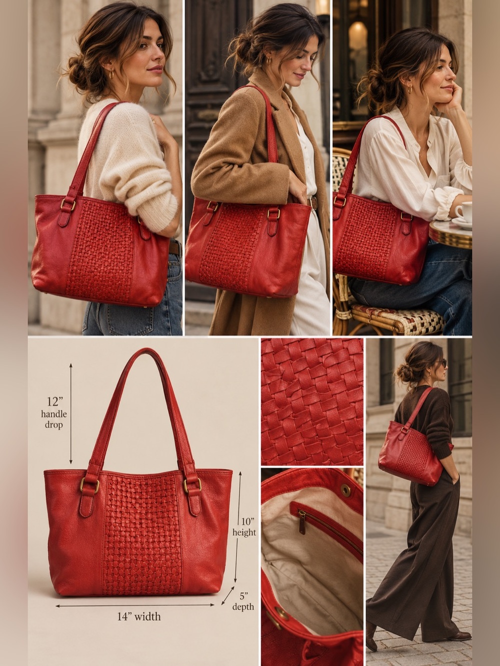 100% Leather Red Woven Leather Tote Bag India Boho Shoulder Purse Artisan